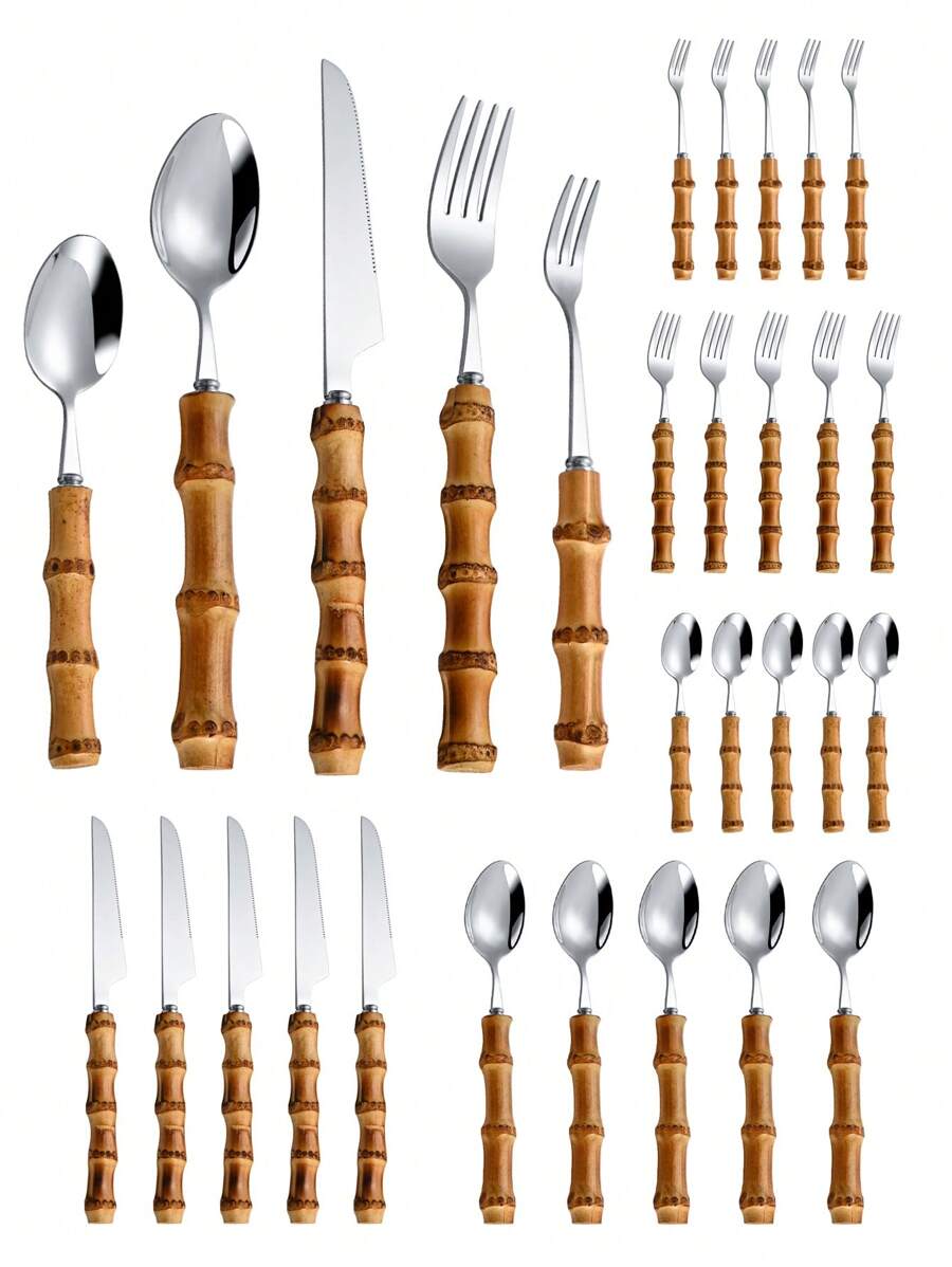 Bamboo Cutlery - Conjunto de talheres de aço inoxidável
